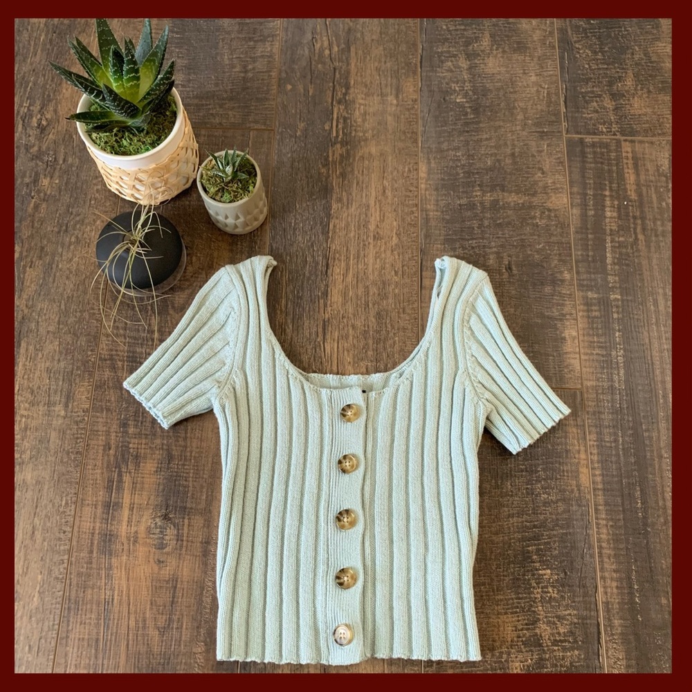 Seafoam Green Knit Cropped Top with Buttons